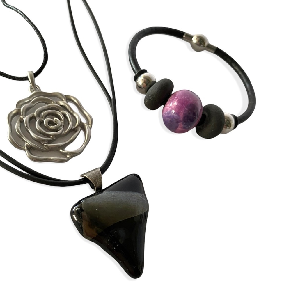 TRIO NECKLACE + BRACELET SET | BLACK LEATHER | BEADS + PENDANTS